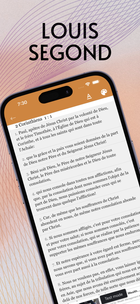 Interface of the Louis Segond French Bible app showing a chapter of 2 Corinthians on an iPhone.