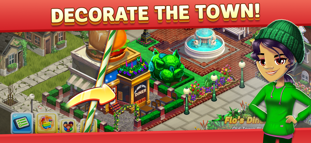 Flo standing in front of a renovated town square featuring a diner and a pig topiary with text saying decorate the town