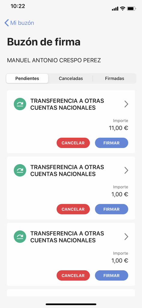 ABANCA Empresas - Interfaz de la app móvil ABANCA Empresas mostrando transferencias empresariales pendientes en el buzón de firmas para aprobación del usuario.