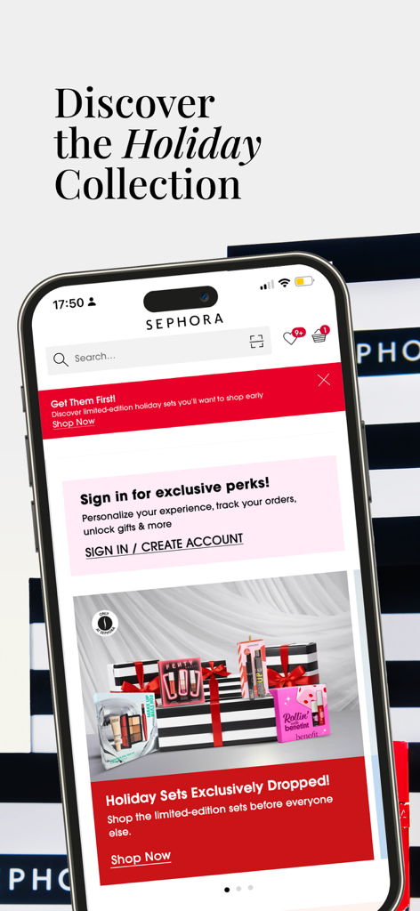 Sephora UAE: Beauty & Makeup - Sephora UAE app showing holiday makeup collection and exclusive gift sets