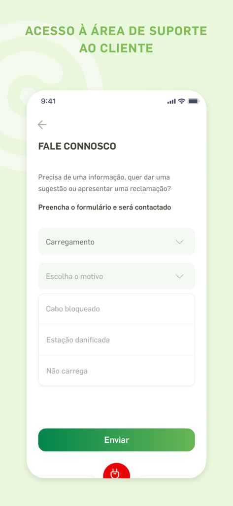 Continente Plug&Charge - Schermata di supporto clienti dell'app Continente Plug and Charge con un modulo di contatto per segnalare problemi di ricarica di veicoli elettrici