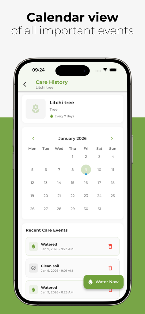 Plant-Care - Bildschirm einer mobilen App zeigt eine Kalenderansicht des Pflanzengesundheitsverlaufs und der letzten Wartungsereignisse für einen Litschi-Baum.