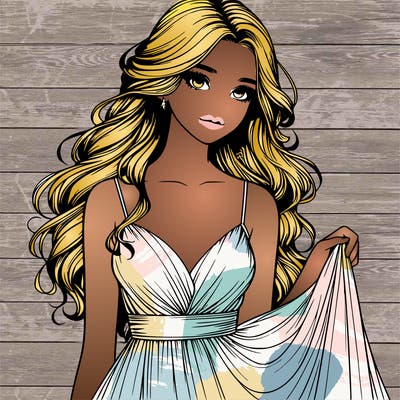 realistic girl in flowy silky prom dress