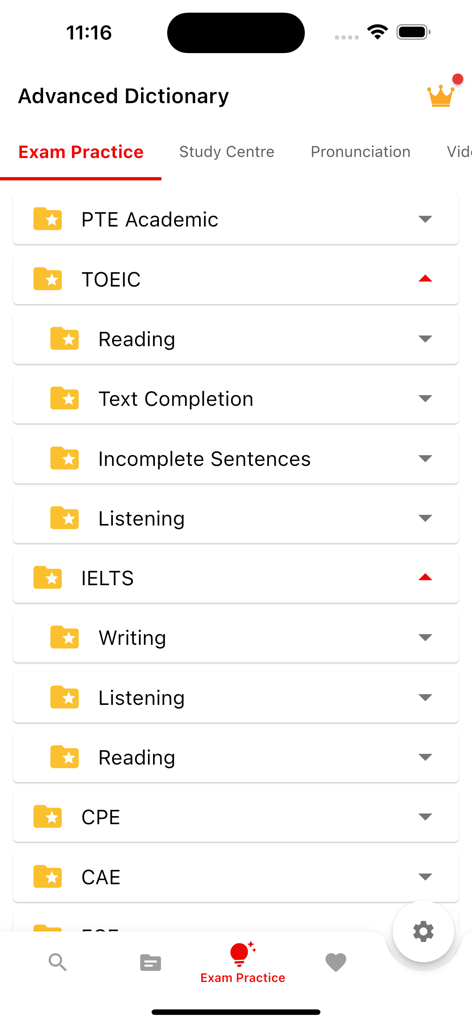 English Dictionary - LDOCE 6th - Exam practice menu in the LDOCE 6th app showing study sections for PTE TOEIC and IELTS exams
