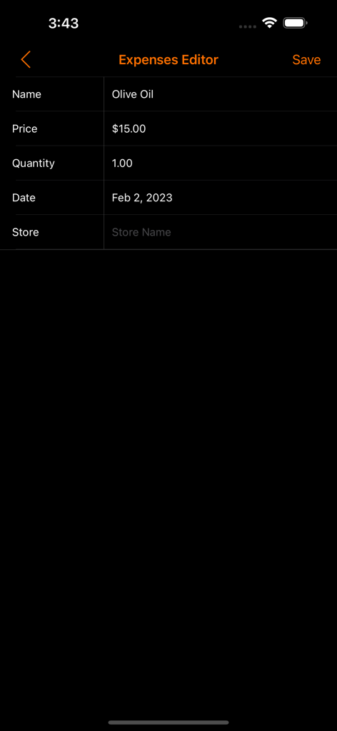 Manual expense entry screen for olive oil in the Simple Family Accounting app