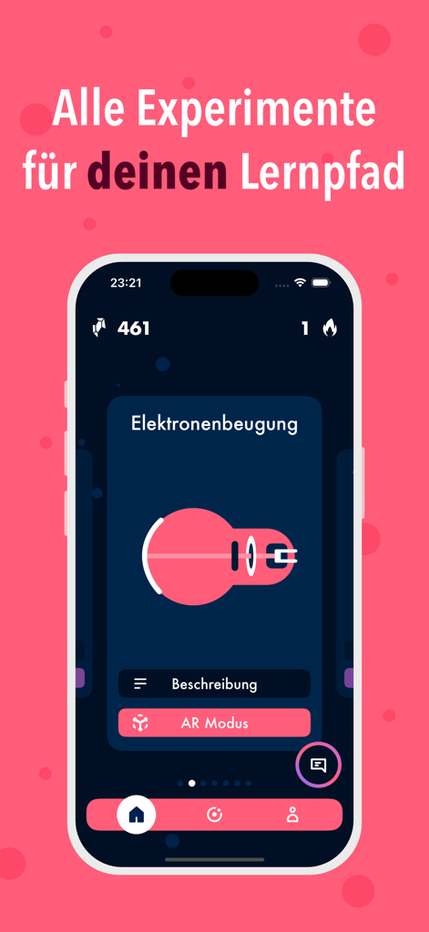 AR-Physics app interface showing an electron diffraction experiment simulation with an AR mode button.