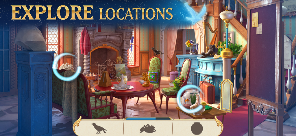 Gameplay screen of Ravenhill mystery game showing a room filled with hidden items to discover.
