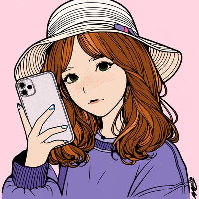 realistic girl with hat and phone
