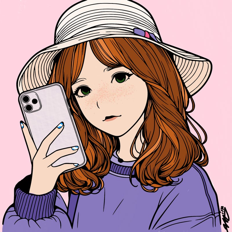 realistic girl with hat and phone