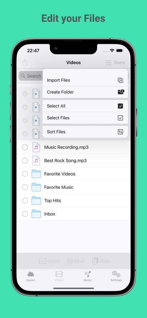 OfflineMedia - Files Player - La interfaz de la aplicación OfflineMedia mostrando opciones para editar archivos y organizar carpetas multimedia.