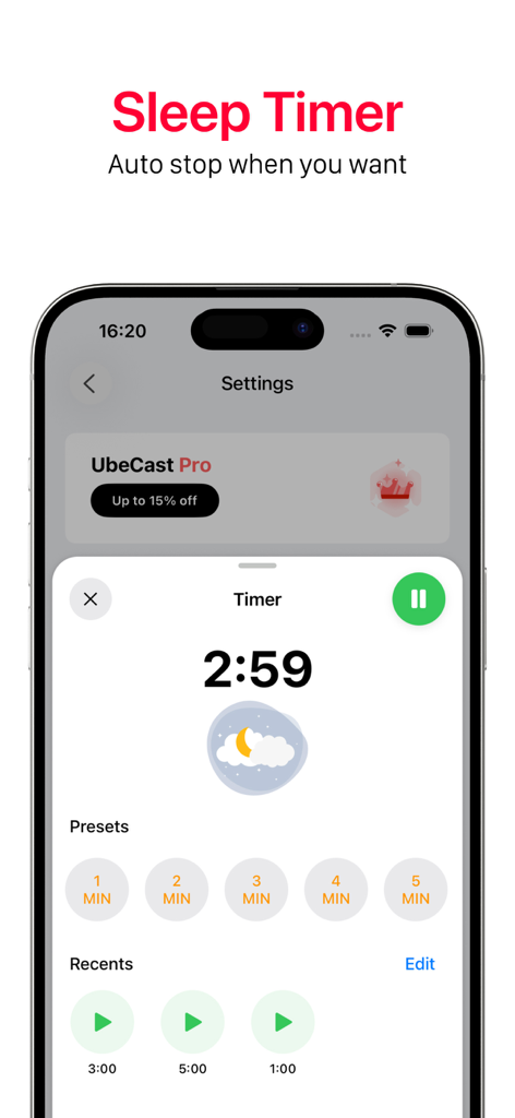 UbeCast app sleep timer interface showing countdown and time presets
