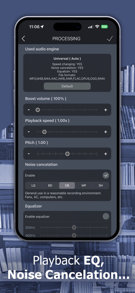 ListenBook: audiobook player - Interfaccia dell'app ListenBook che mostra impostazioni audio avanzate tra cui velocità di riproduzione, controllo del tono e cancellazione del rumore.