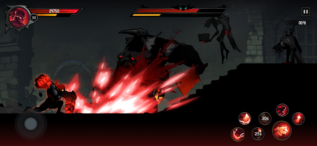 A Shadow Knight character using powerful red fire skills to attack a giant shadow boss in a dark dungeon setting.