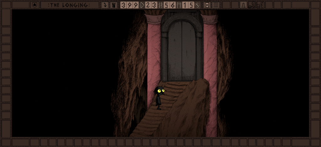 The Longing Mobile - El solitario personaje Sombra de pie ante una enorme puerta de piedra en un reino subterráneo