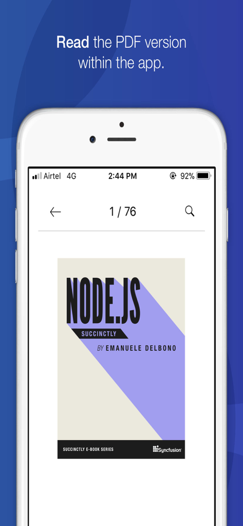 Syncfusion Succinctly app showing the Node.js e-book cover in its integrated PDF reader.