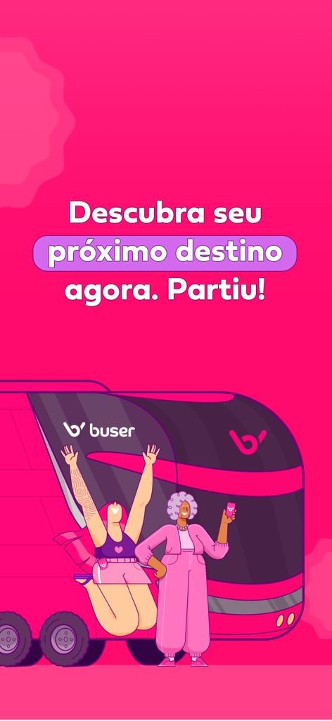 Illustration of a pink Buser bus with two happy travelers