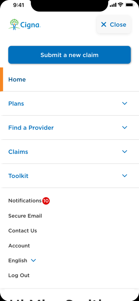 Main menu of the Cigna Envoy app showing navigation options like submit a claim and find a provider