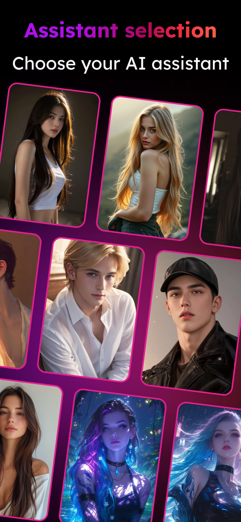 Intelligent Master-AI Chat - Pantalla de selección de asistente de IA que muestra varios avatares de personajes realistas y estilizados para elegir