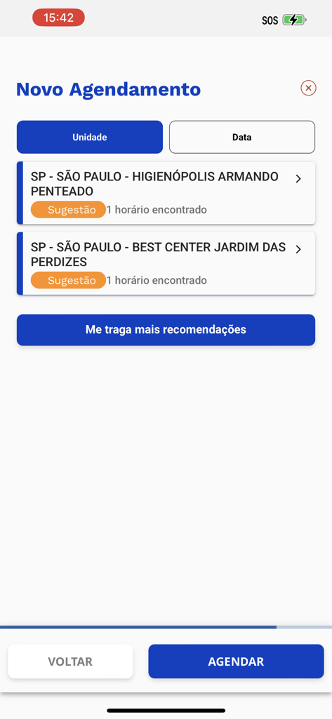New appointment screen in the Espacolaser app showing clinic unit selection for laser hair removal