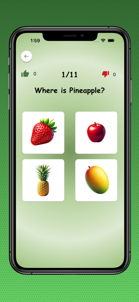 Kids Learning and Quiz app interface showing a fruit identification game for toddlers