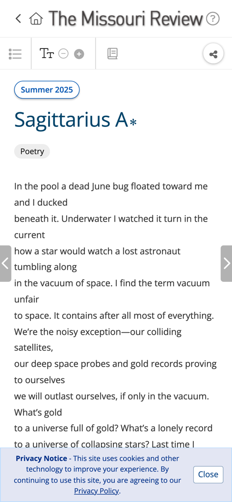 A screenshot of The Missouri Review mobile app showing a poetry reading interface featuring a poem titled Sagittarius A.