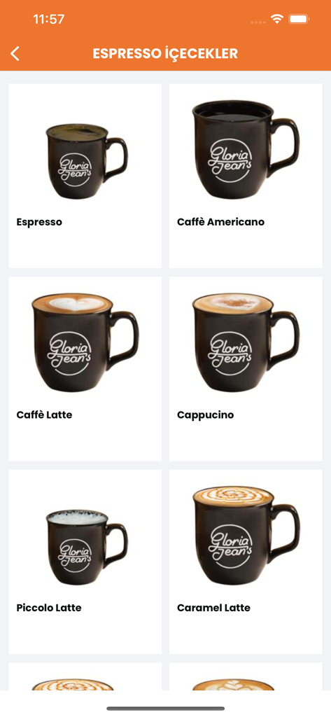 Gloria Jean’s Coffees N.Cyprus - Écran du menu des boissons expresso Gloria Jeans Coffees montrant des sélections de café comme le latte et l'americano