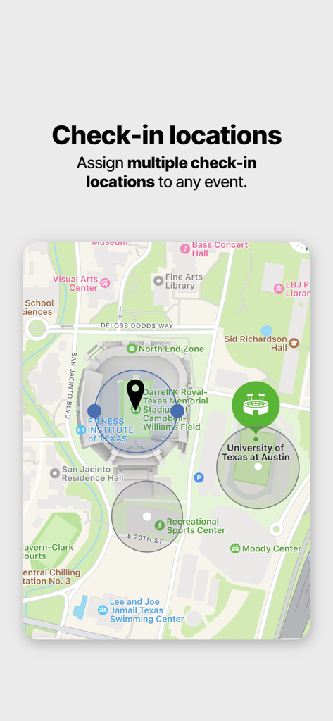UDBapp Pro - A map interface within UDBapp Pro showing multiple designated geofenced check-in locations for tracking attendance at an event