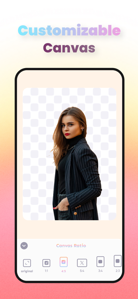 A mobile app interface showing a photo with a removed background being adjusted for different social media aspect ratios using the Customizable Canvas tool.