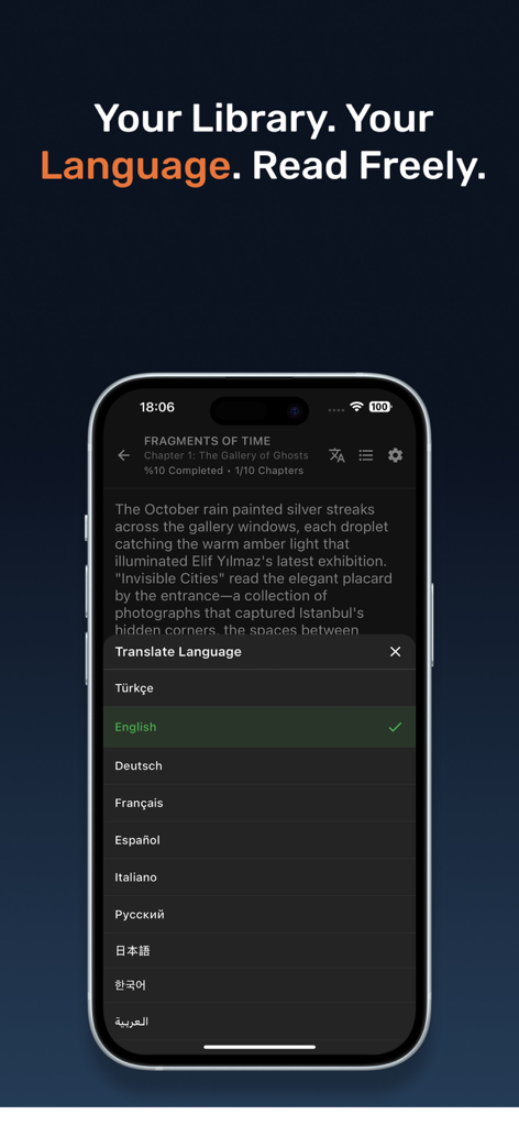 ReadBLOOM: Book Reader - ReadBLOOM app interface displaying a language translation menu over a digital book page on a smartphone.