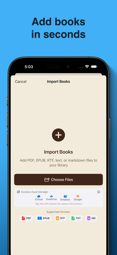 Tome Town: PDF & EPUB Reader - Interface of the Tome Town app showing the import books screen with cloud storage and file format options