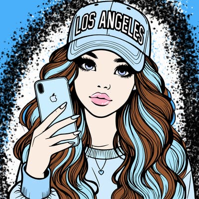 realistic beautiful girl wearing los ángeles cap holding an iphone