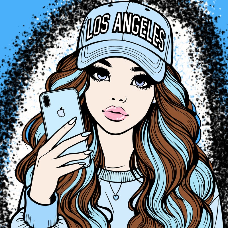 realistic beautiful girl wearing los ángeles cap holding an iphone