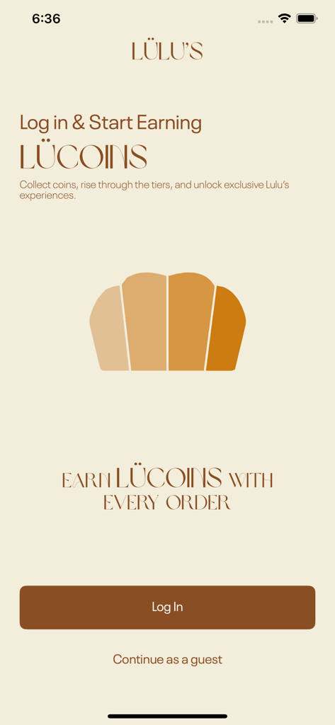 LÜLU'S - Lulus app login screen for the Lucoins loyalty rewards program