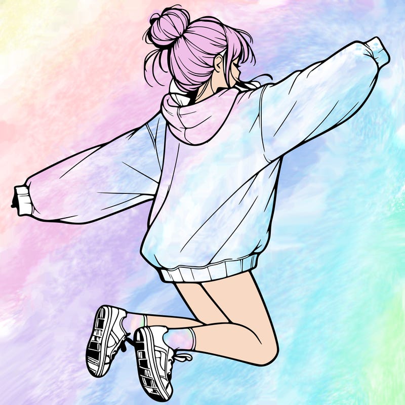 realistic girl jumping with a bun and oversized sweatshirt