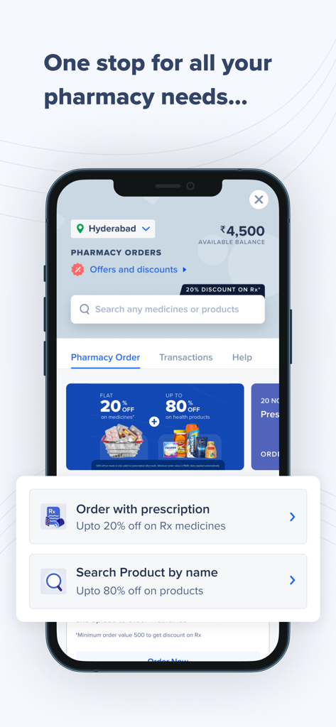 ekincare - ekincare app interface showing pharmacy ordering options with discounts on medicines and health products