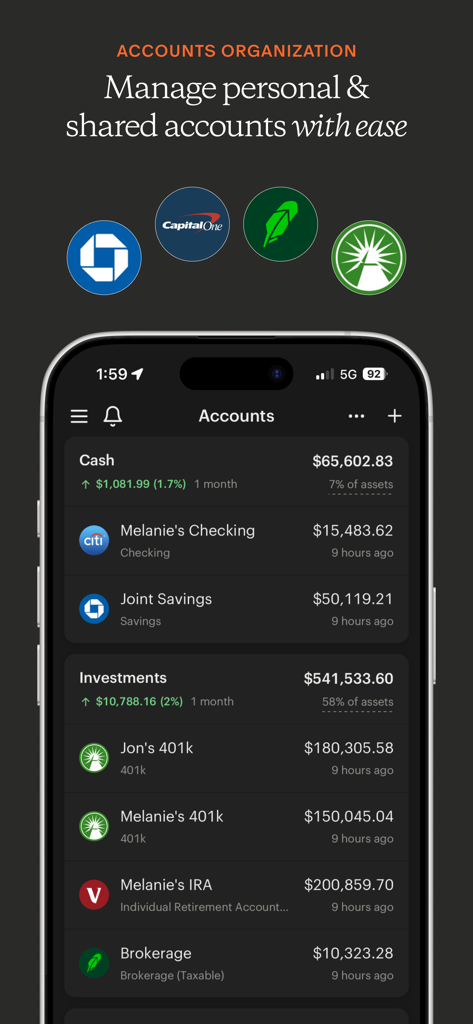Monarch Money app interface showing organized personal and shared financial accounts