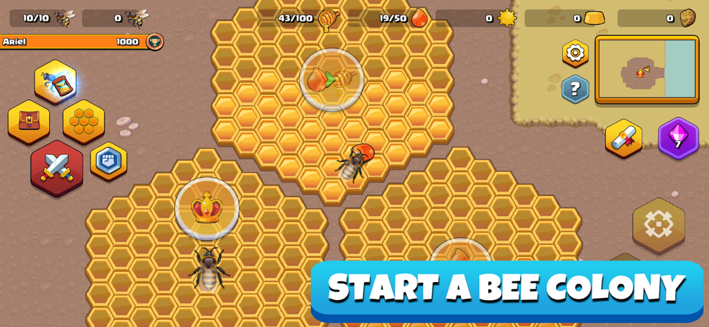 Pocket Bees: Colony Simulator - Top down view of a bee colony simulator showing honeycombs and resource management in Pocket Bees