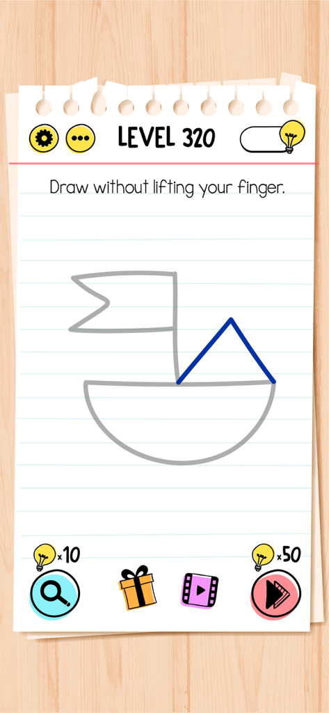 Un puzzle di disegno di una barca su una pagina di taccuino nell'app Brain Test.