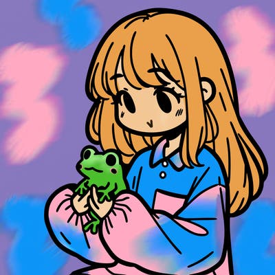 girl with long hair and a oversized shirt. and she is holding a frog