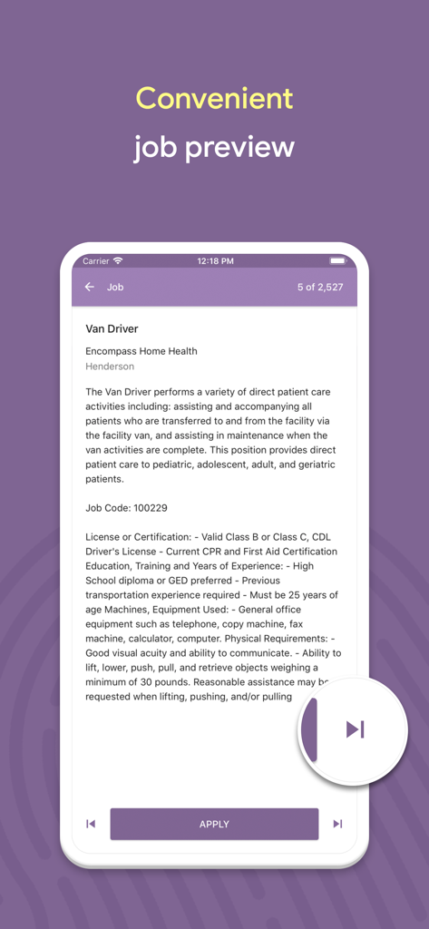 Una schermata mobile dall'app Jobsora che visualizza una descrizione dettagliata del lavoro per una posizione di Autista Furgone con un pulsante di candidatura.