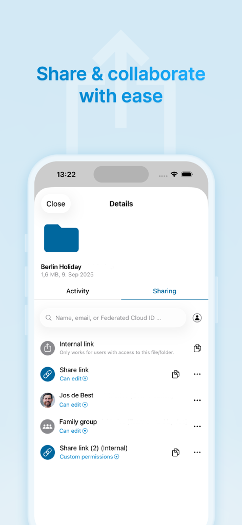 Nextcloud mobile app interface showing folder sharing options and collaborator permissions