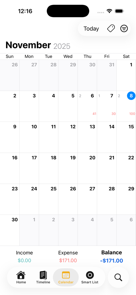 Spendy - Budget, Diary - Monthly calendar view in the Spendy app showing expense and balance summaries.