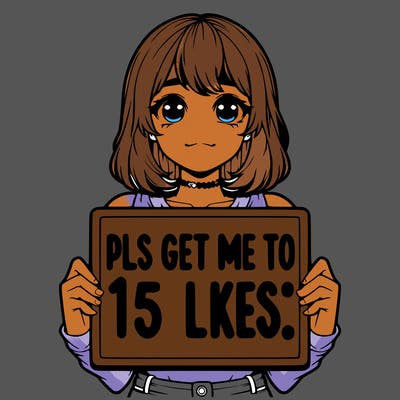 realistic girl holding up a sign that says “pls get me to 15 likes!”