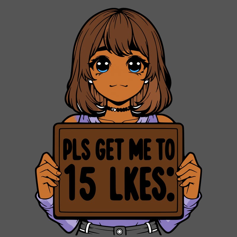 realistic girl holding up a sign that says “pls get me to 15 likes!”