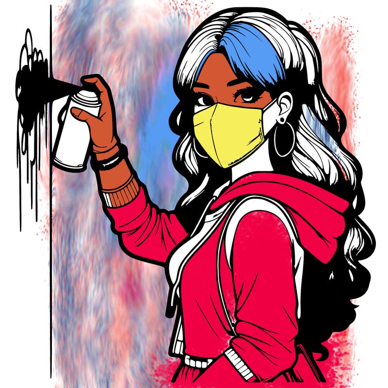 realistic girl with mask spray painting a wall