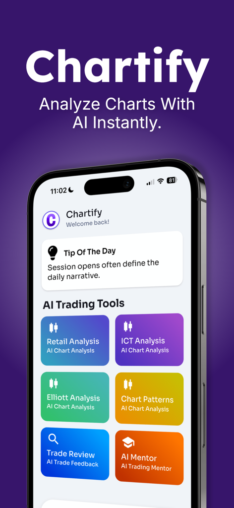 Interface of the Chartify app showing various AI-powered trading tools and chart analysis methods on a mobile device.