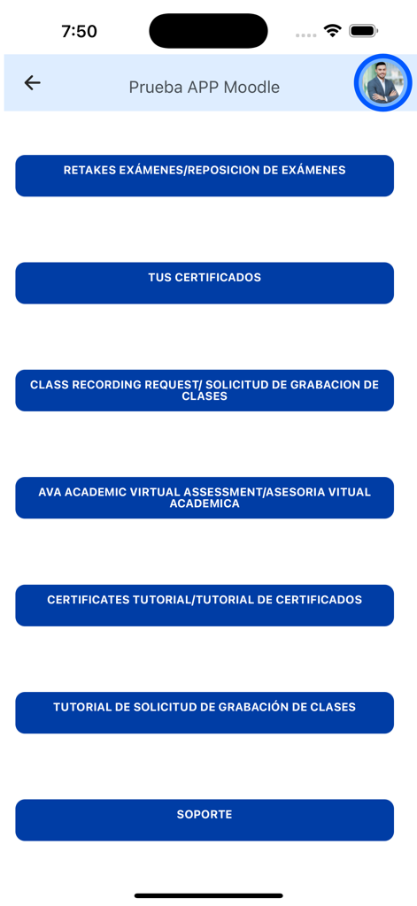 Bilingual student dashboard in the AE Virtual Class app featuring buttons for exam retakes, certificates, and class recordings
