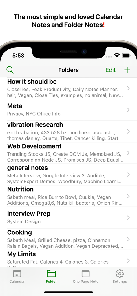 Daily Notes Planner 3 - Daily Notes Planner 3 app interface showing a list of organized folders for topics like Nutrition, Web Development, and Interview Prep.