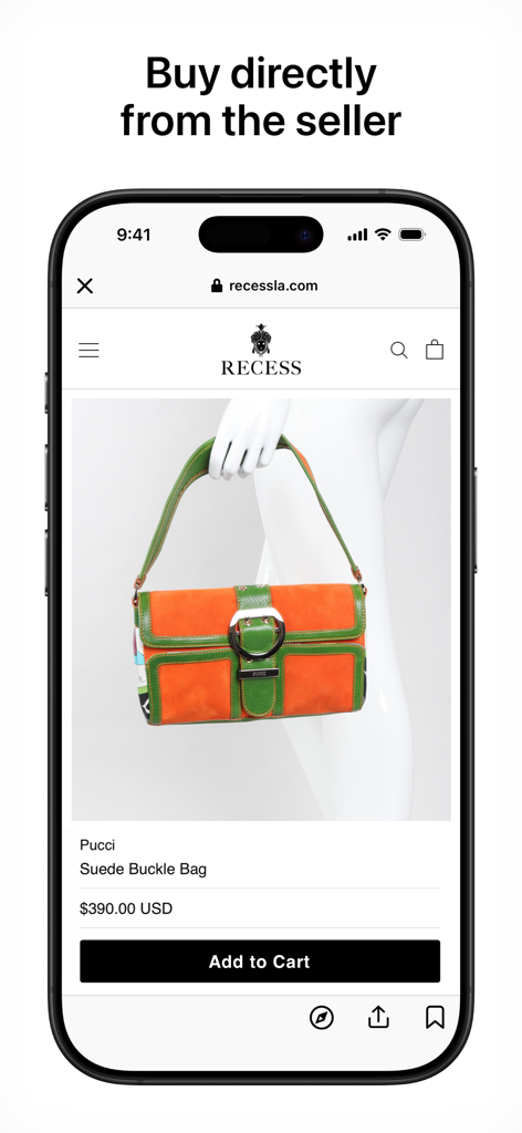 Gem - Search Vintage - Smartphone showing the Gem app interface for purchasing a Pucci suede bag directly from the seller website Recess.