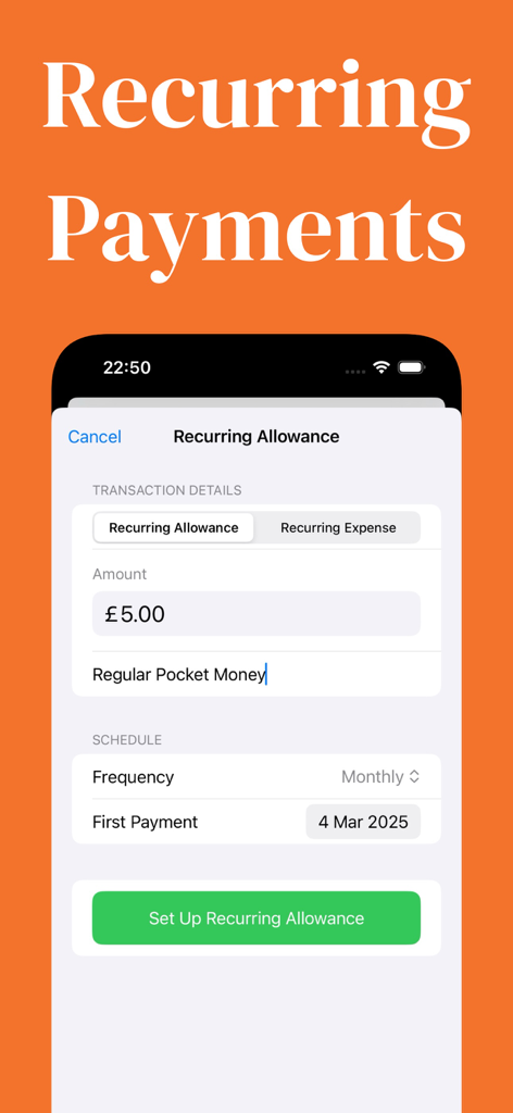 Allowance Tracker - Acorn - Interfaz de la app Acorn mostrando la pantalla de configuración para una paga recurrente mensual con campos de monto y fecha.